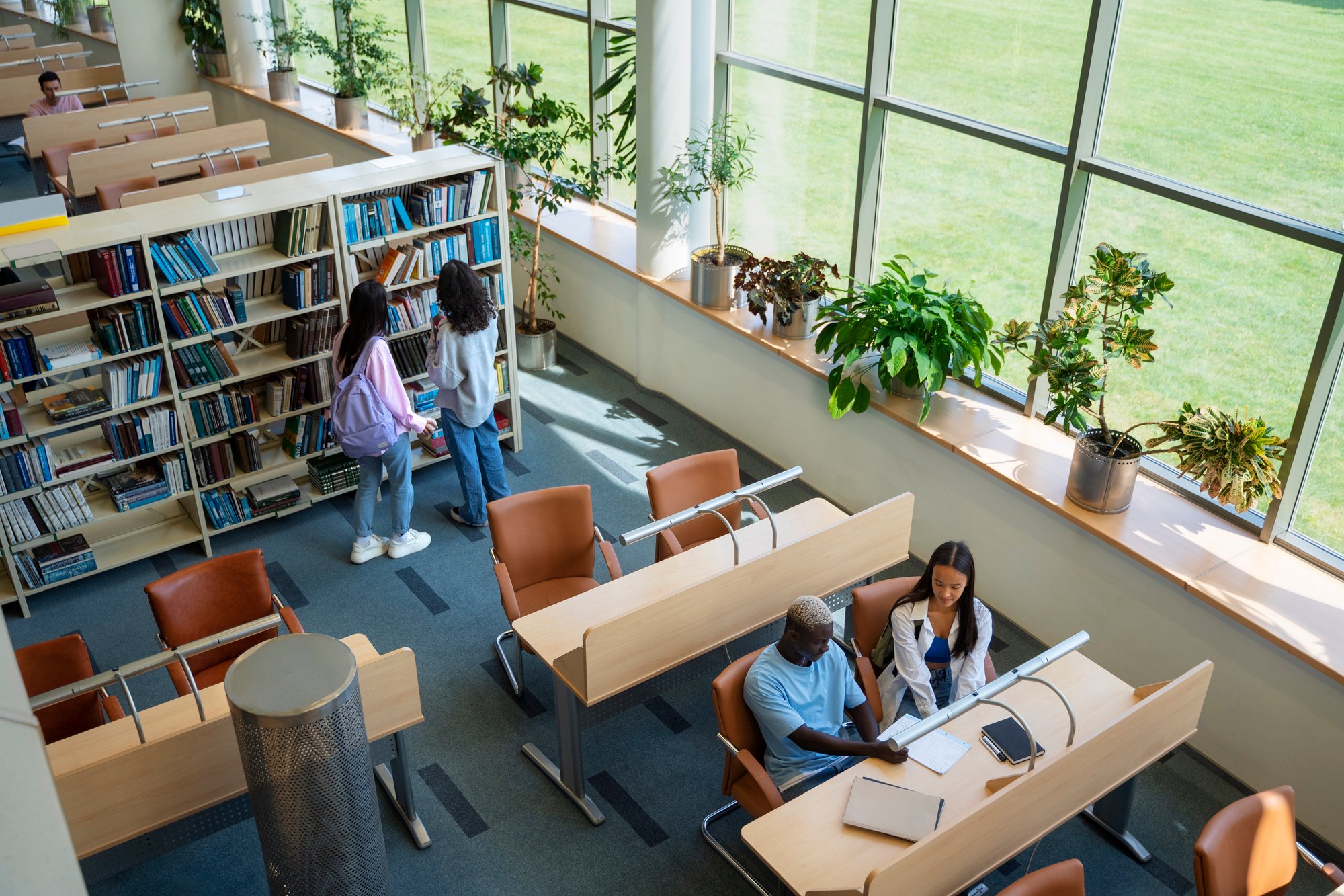 high-angle-students-learning-library